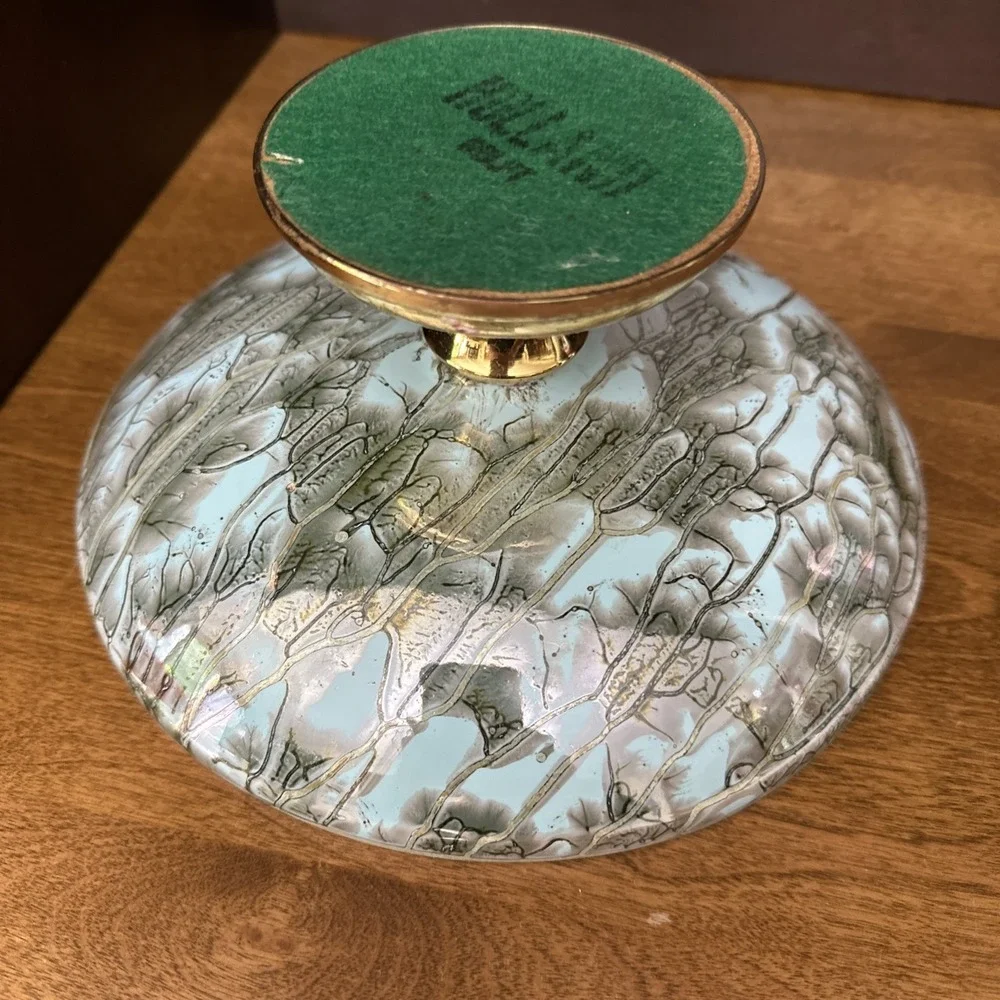 Delft Holland Pedestal Bowl Gold Trim Sea Green Hand Painted Dish MCM Vintage